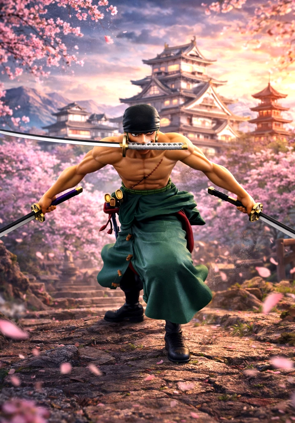 One Piece Roronoa Zoro 3 Sword Style Samurai Japan Cherry Blossom Wall Art Poster