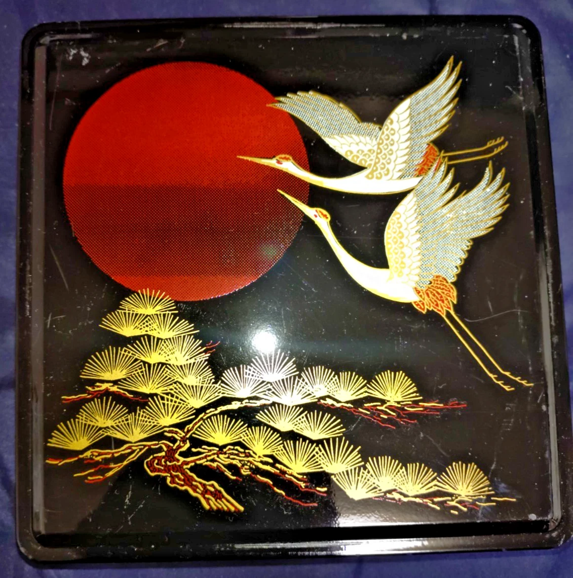 Japanese Traditional Lacquer Style Decorative Box Set 2pc Cranes Pine Gold Black Vintage